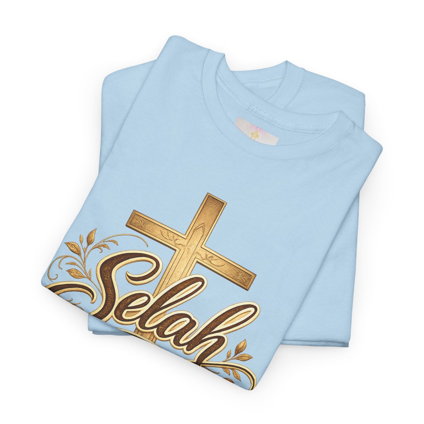 Selah Cross Tee — Women's Christian T‑Shirt with Gold Script