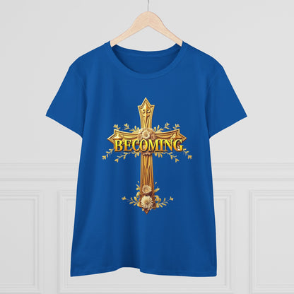 Becoming Women’s Faith Tee – Gold Cross Edition (Light Lettering, 1 Corinthians 15:49)