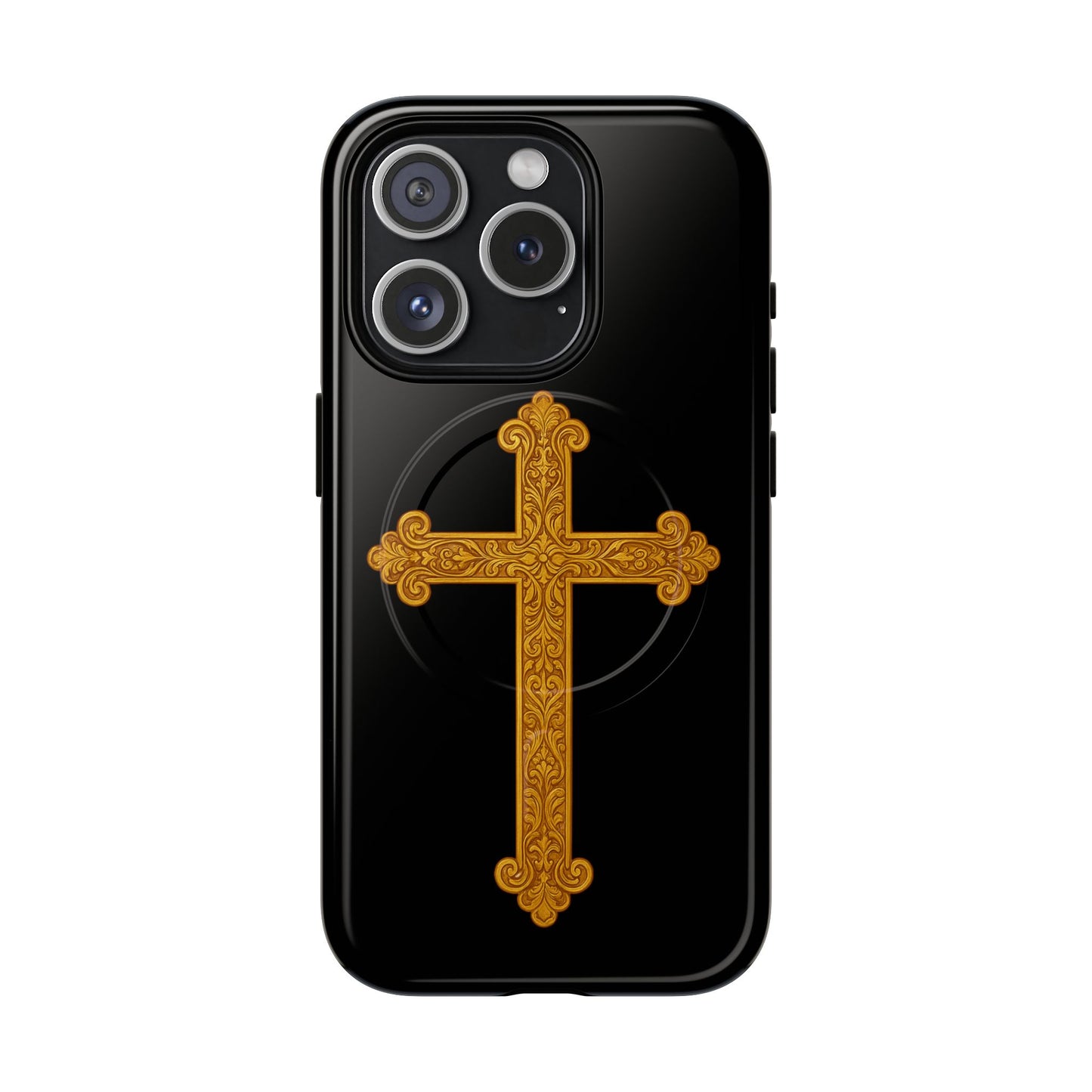 Gold Cross on Black Magnetic Tough Case for iPhone – Strength in Faith