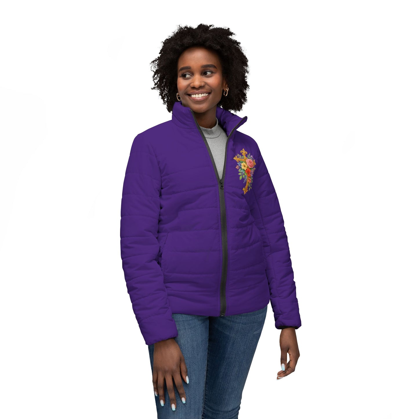 Blooming Faith Women’s Puffer Jacket in Purple – Floral Cross Crest