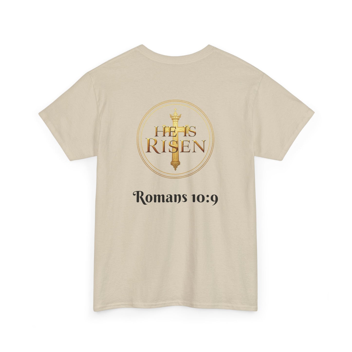 Men’s Romans 10:9 Christian T-Shirt – Jesus Is Lord & He Is Risen (Dark Lettering)