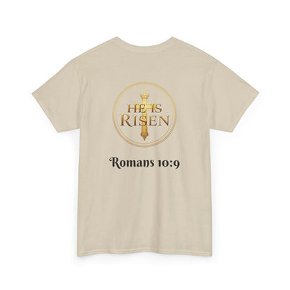 Men’s Romans 10:9 Christian T-Shirt – Jesus Is Lord & He Is Risen (Dark Lettering)