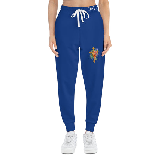 Blooming Faith Women's Jogging Pants in Blue with Floral Cross Design