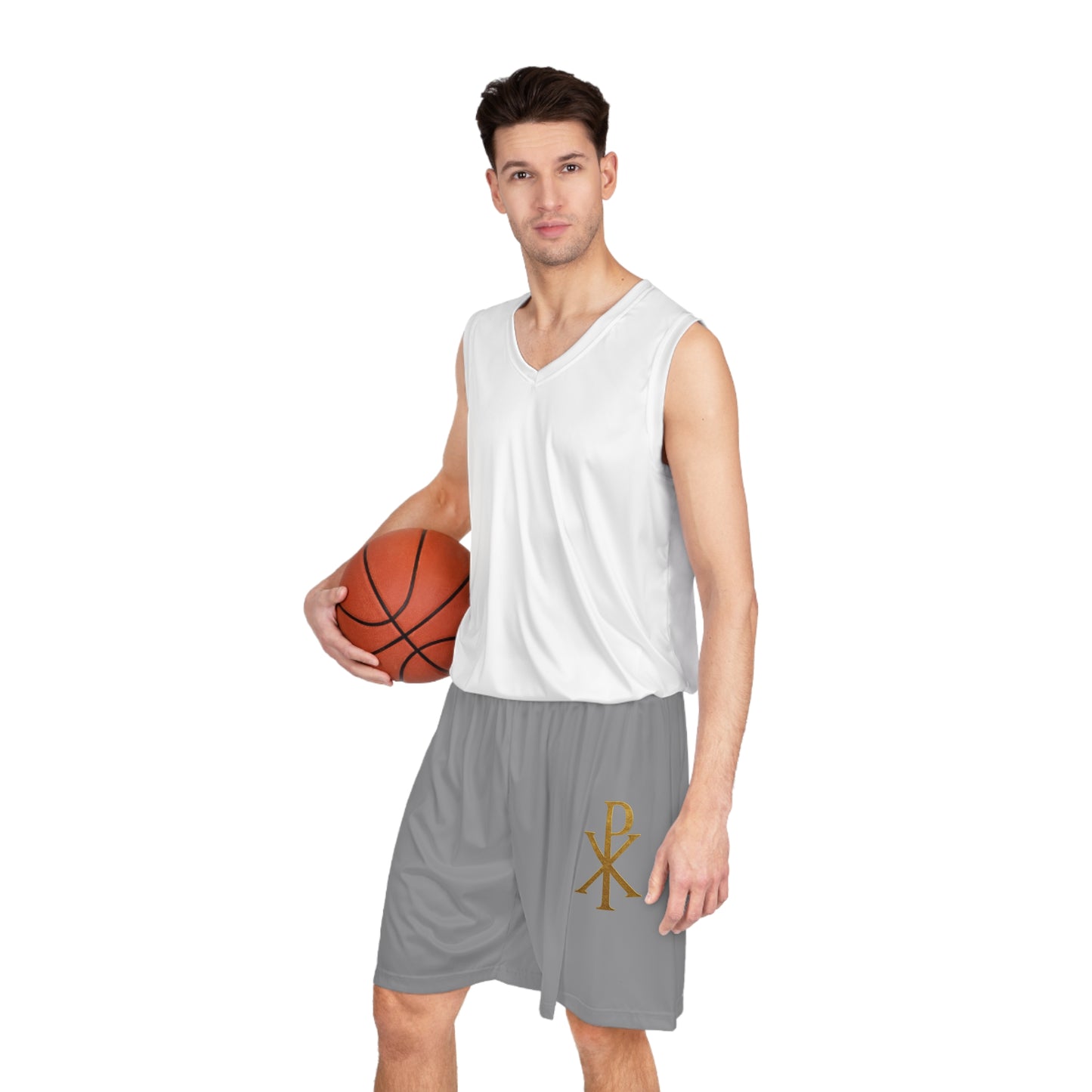 Men’s Chi Rho Basketball Shorts in Grey – Faith-Inspired Performance & Comfort