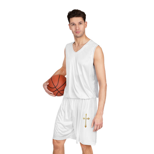 Men’s Modern Gold Cross Basketball Shorts – Sleek Faith-Inspired Design