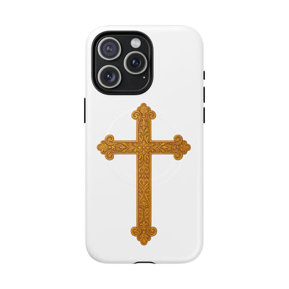 Gold Cross on White Magnetic Tough Case for iPhone – Strength in Faith
