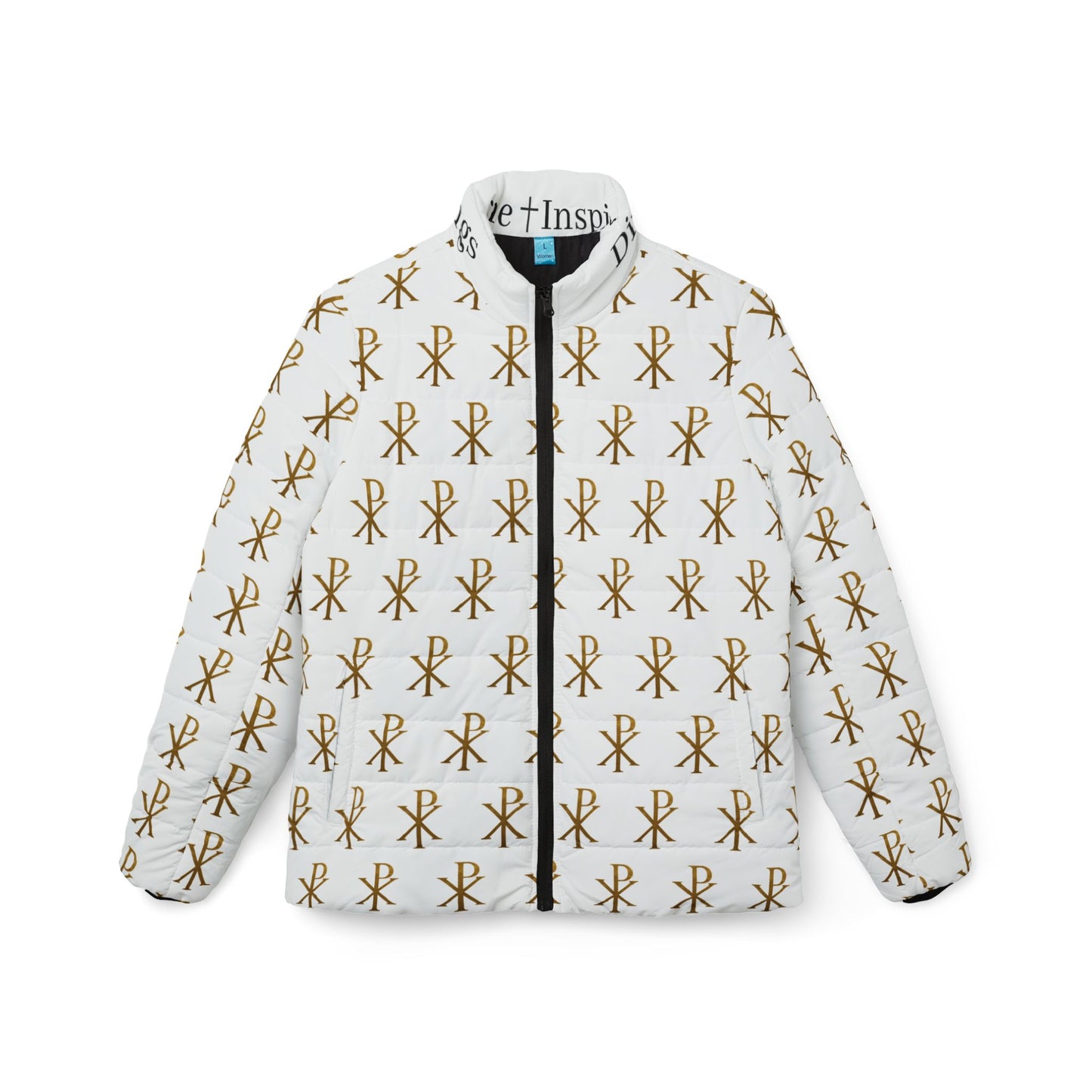 Radiant Victory Women’s Puffer Jacket – Gold Chi Rho Pattern
