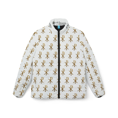 Radiant Victory Women’s Puffer Jacket – Gold Chi Rho Pattern