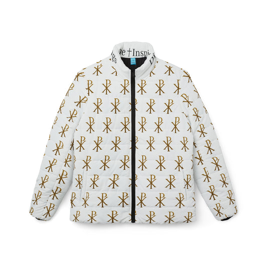 Radiant Victory Women’s Puffer Jacket – Gold Chi Rho Pattern