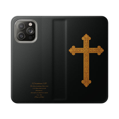 Black with Gold Cross & 1 Corinthians 1:18 - iPhone Flip/Wallet Phone Case