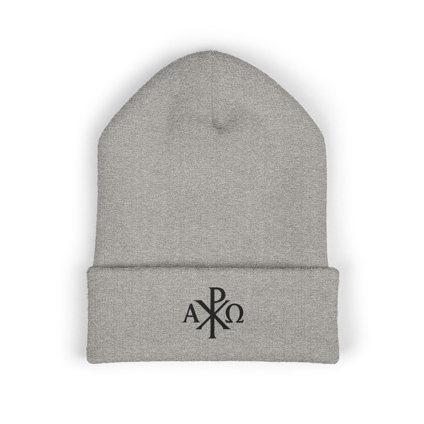 Eternal Light Cuffed Beanie – Black Chi Rho with Alpha & Omega
