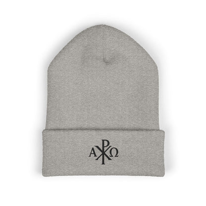 Eternal Light Cuffed Beanie – Black Chi Rho with Alpha & Omega