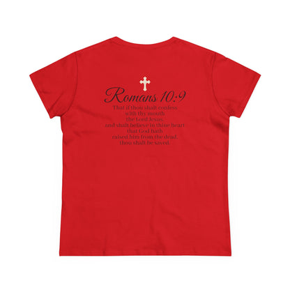 Believe – Women’s Christian Tee with Praying Hands & Romans 10:9