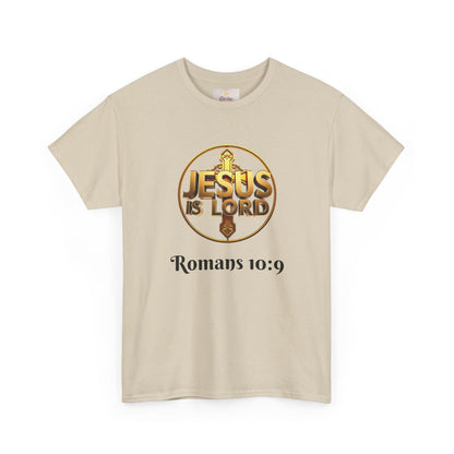 Men’s Romans 10:9 Christian T-Shirt – Jesus Is Lord & He Is Risen (Dark Lettering)