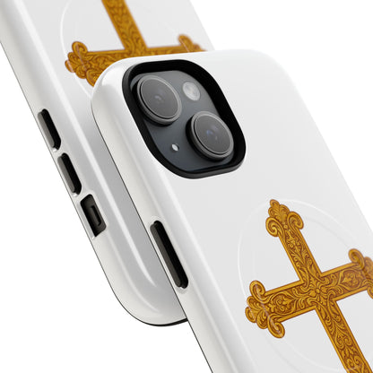Gold Cross on White Magnetic Tough Case for iPhone – Strength in Faith