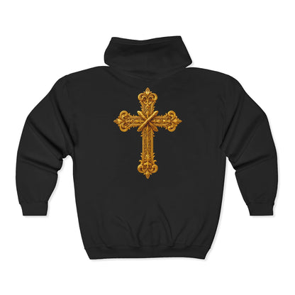 Men’s Ornate Gold Cross Zip-Up Hoodie – Spiritual Elegance & Comfort