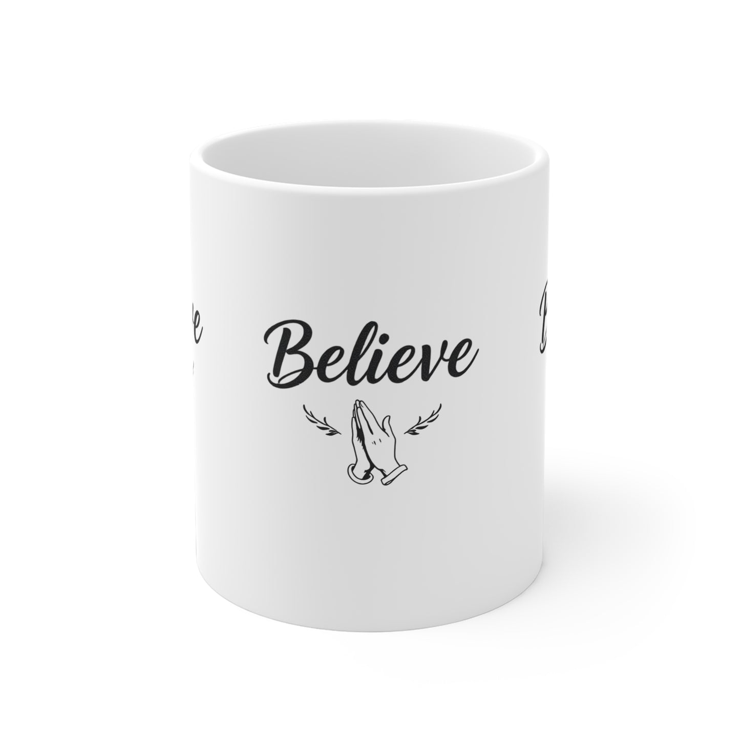 “Believe” Ceramic Mug – Prayer Hands Design
