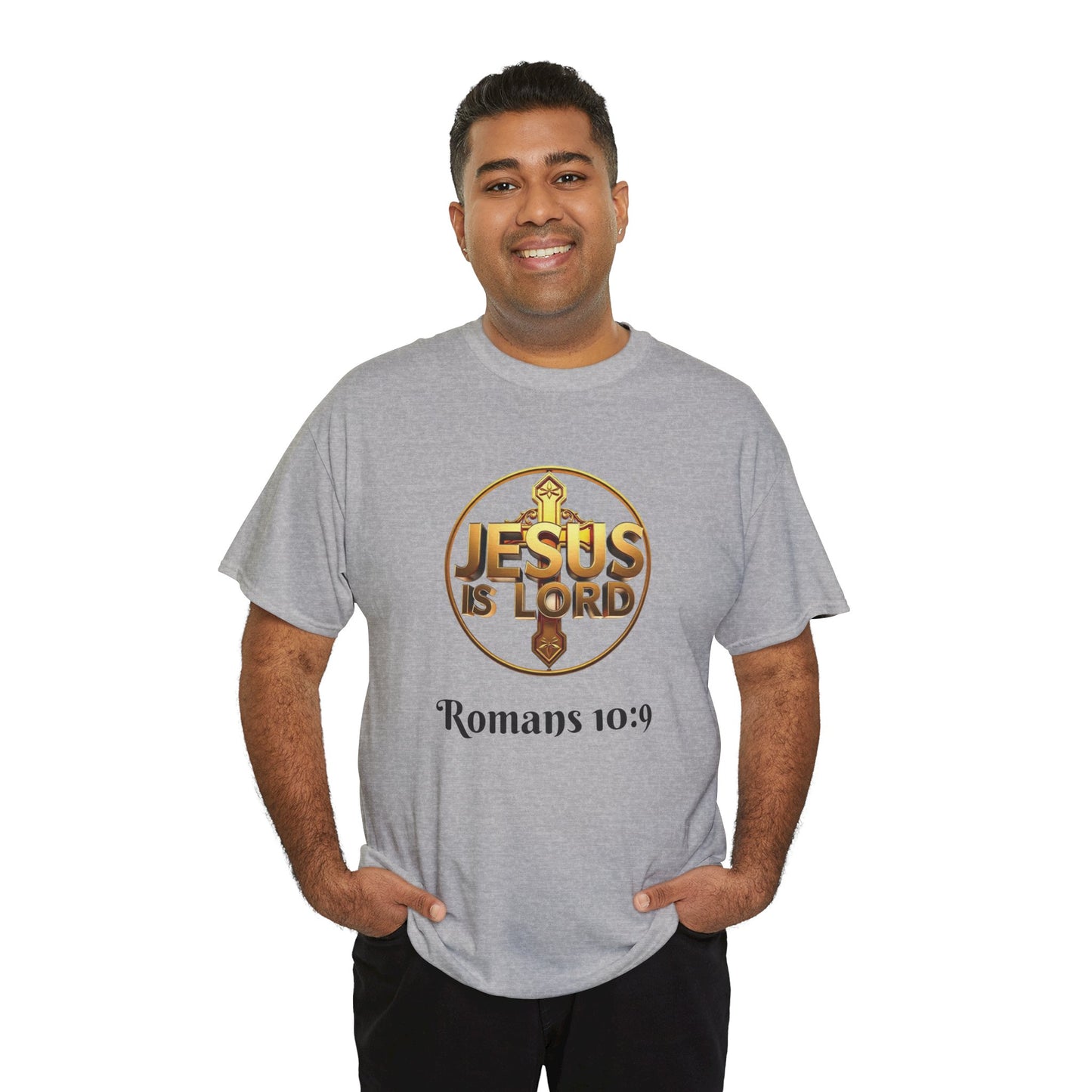 Men’s Romans 10:9 Christian T-Shirt – Jesus Is Lord & He Is Risen (Dark Lettering)