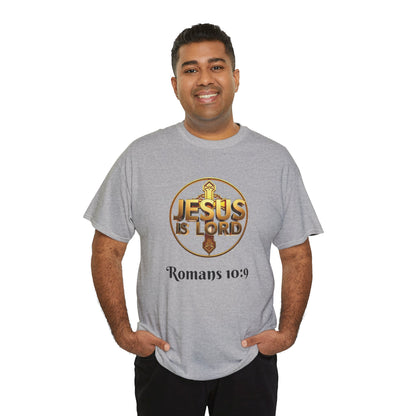 Men’s Romans 10:9 Christian T-Shirt – Jesus Is Lord & He Is Risen (Dark Lettering)