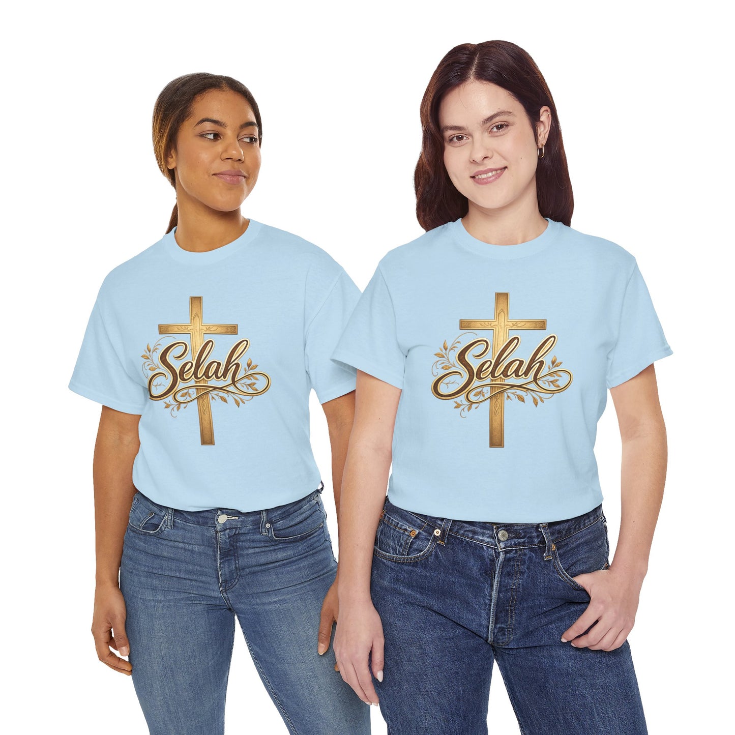 Selah Cross Tee — Women's Christian T‑Shirt with Gold Script
