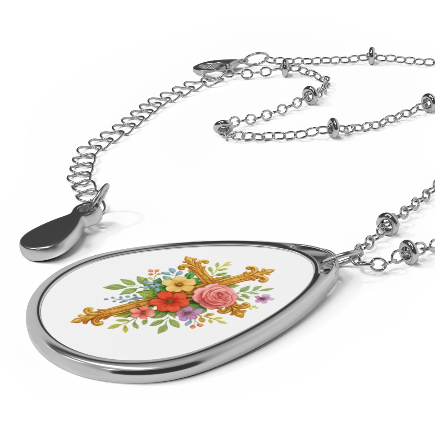 Elegant Oval Necklace with Floral Cross Pendant – Christian Jewelry