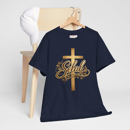 Selah Cross Tee — Women's Christian T‑Shirt with Gold Script