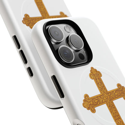 Gold Cross on White Magnetic Tough Case for iPhone – Strength in Faith