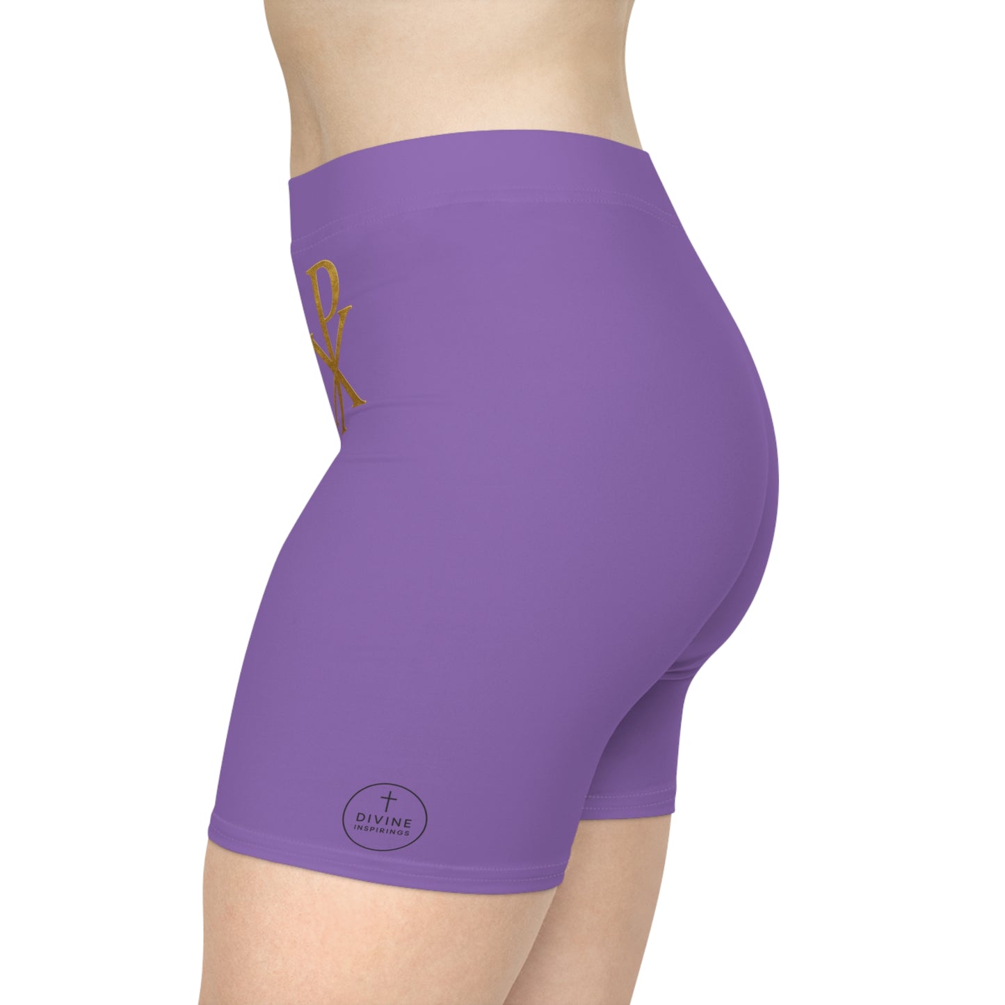 Chi Rho Women’s Biking Christian Shorts in Purple – Strength and Victory in Christ