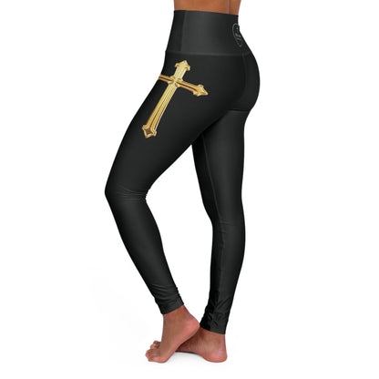 Gold Cross Women’s High-Waisted Yoga Leggings in Black – Symbol of Eternal Victory