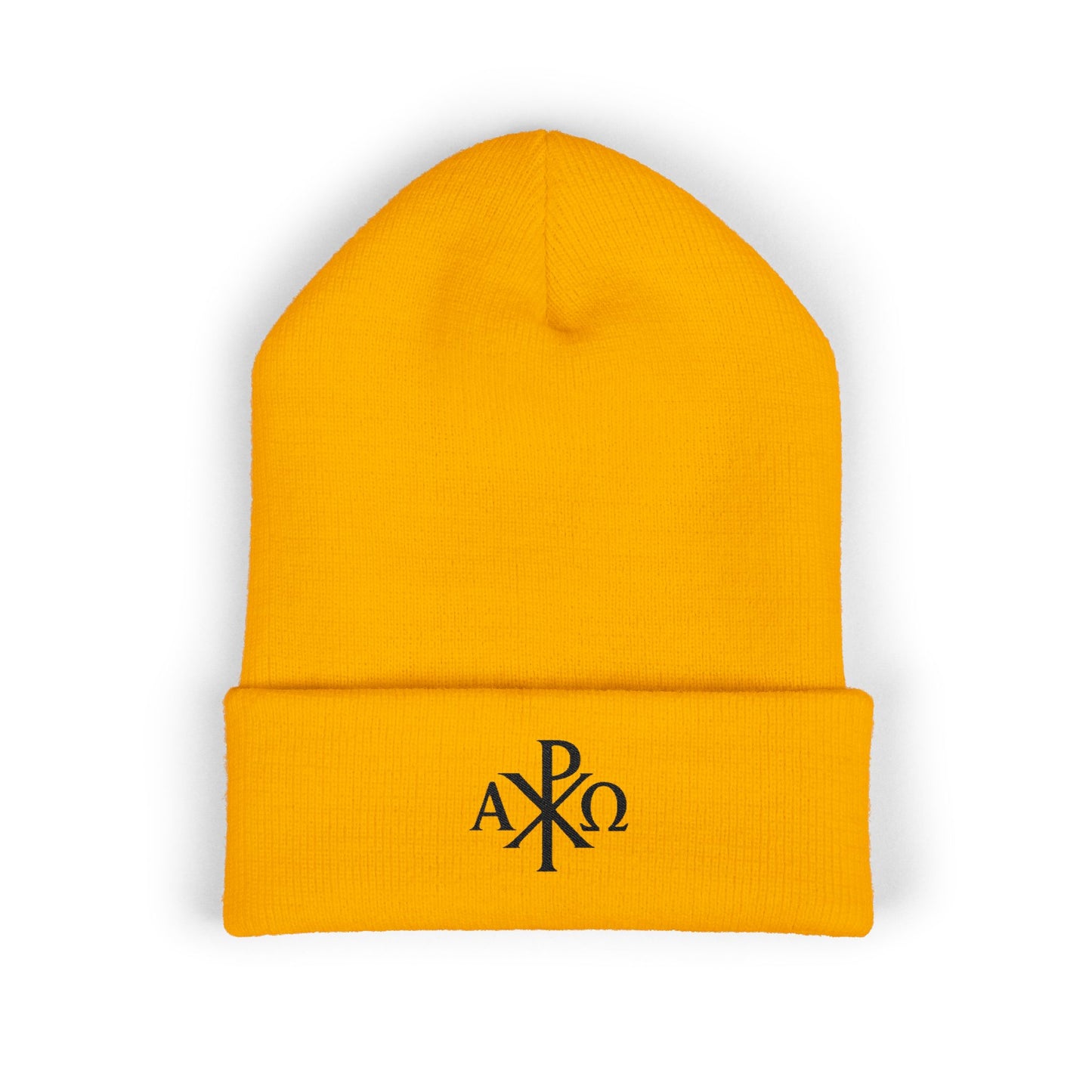 Eternal Light Cuffed Beanie – Black Chi Rho with Alpha & Omega