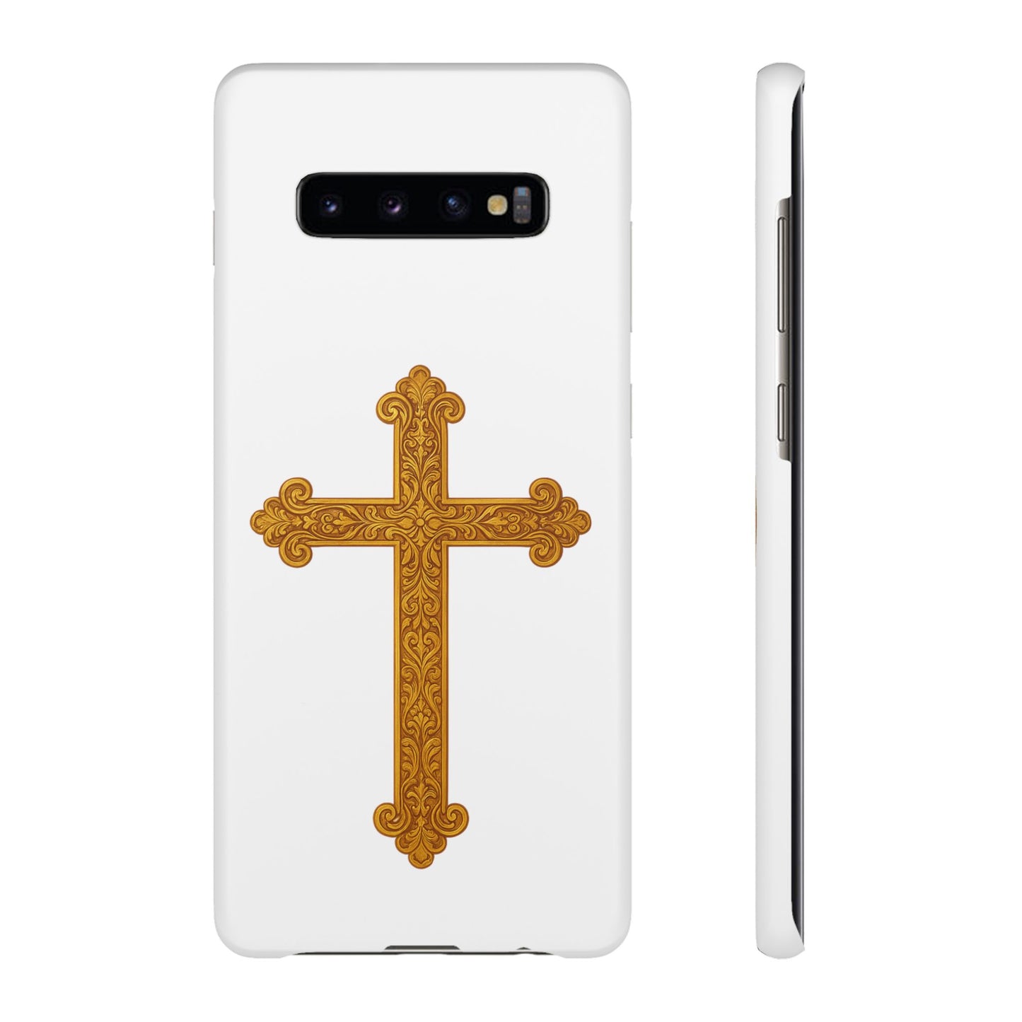 White Samsung Snap Case – Gold Cross Design