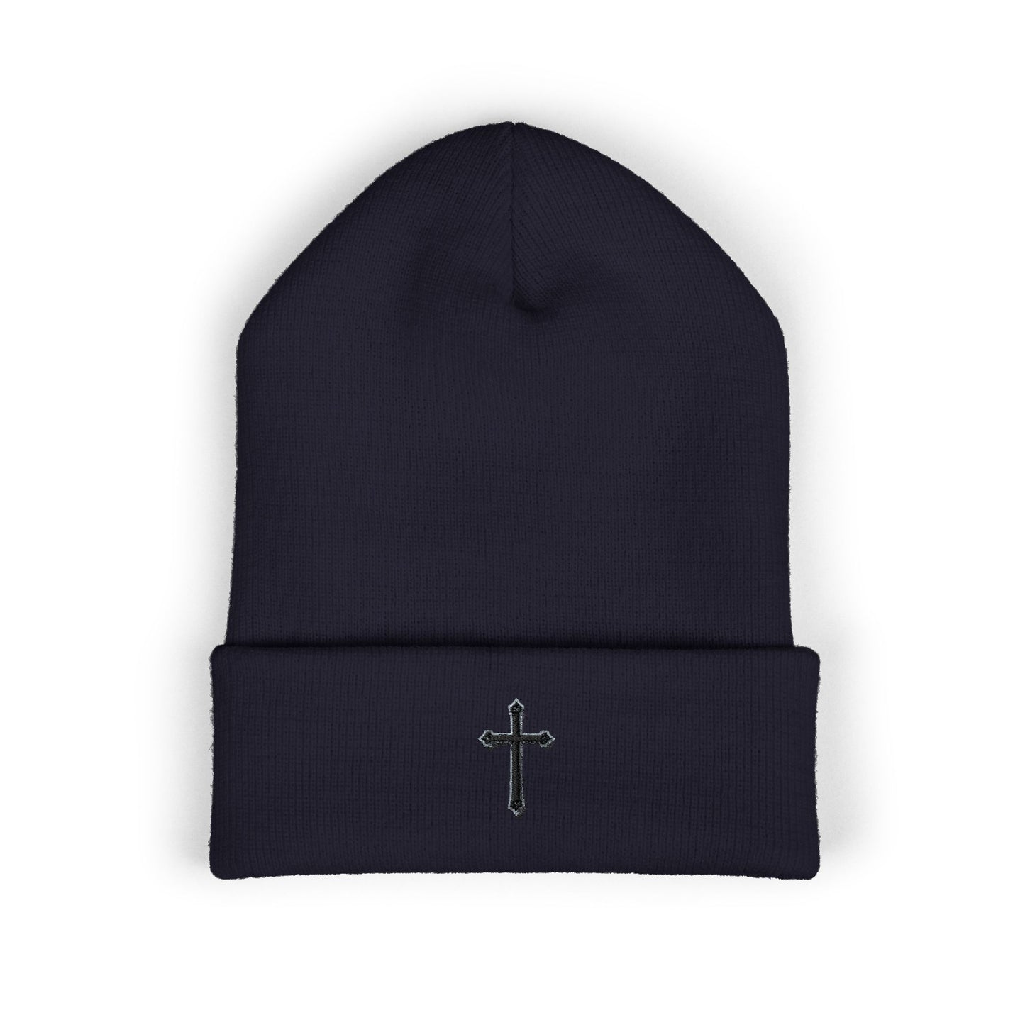 Shadowed Faith Cuffed Beanie – Black Embroidered Cross