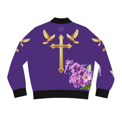 Heavenly Ascent – Gold Cross & Doves Women’s Bomber Jacket in Purple