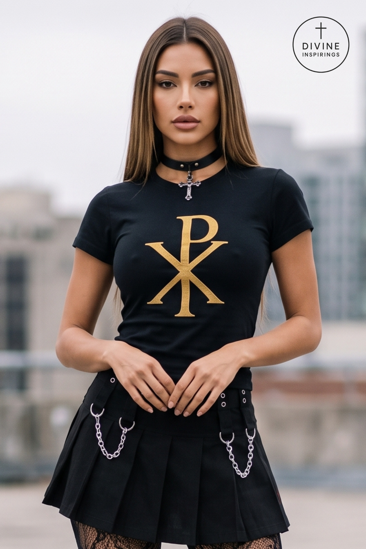 A woman wearing a black short-sleeve t-shirt with a large gold Chi-Rho monogram on the front, paired with a black pleated mini skirt featuring silver chain details. She is wearing a black choker with a cross pendant.