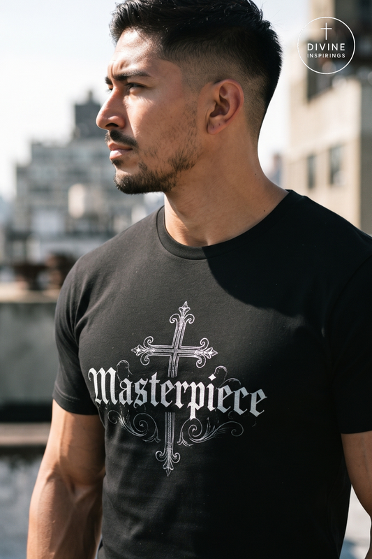 A man wearing a black t-shirt with a white gothic cross and the word 'Masterpiece' printed on the front, set against a blurred outdoor city background. A 'DIVINE INSPIRINGS' logo is visible in the top right corner.