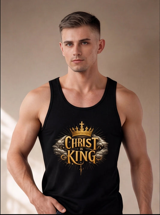 Man wearing a black tank top with 'Christ is King' text and crown graphic.