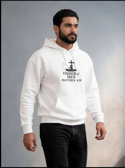 Man wearing a white hoodie with a religious text design on a gray background