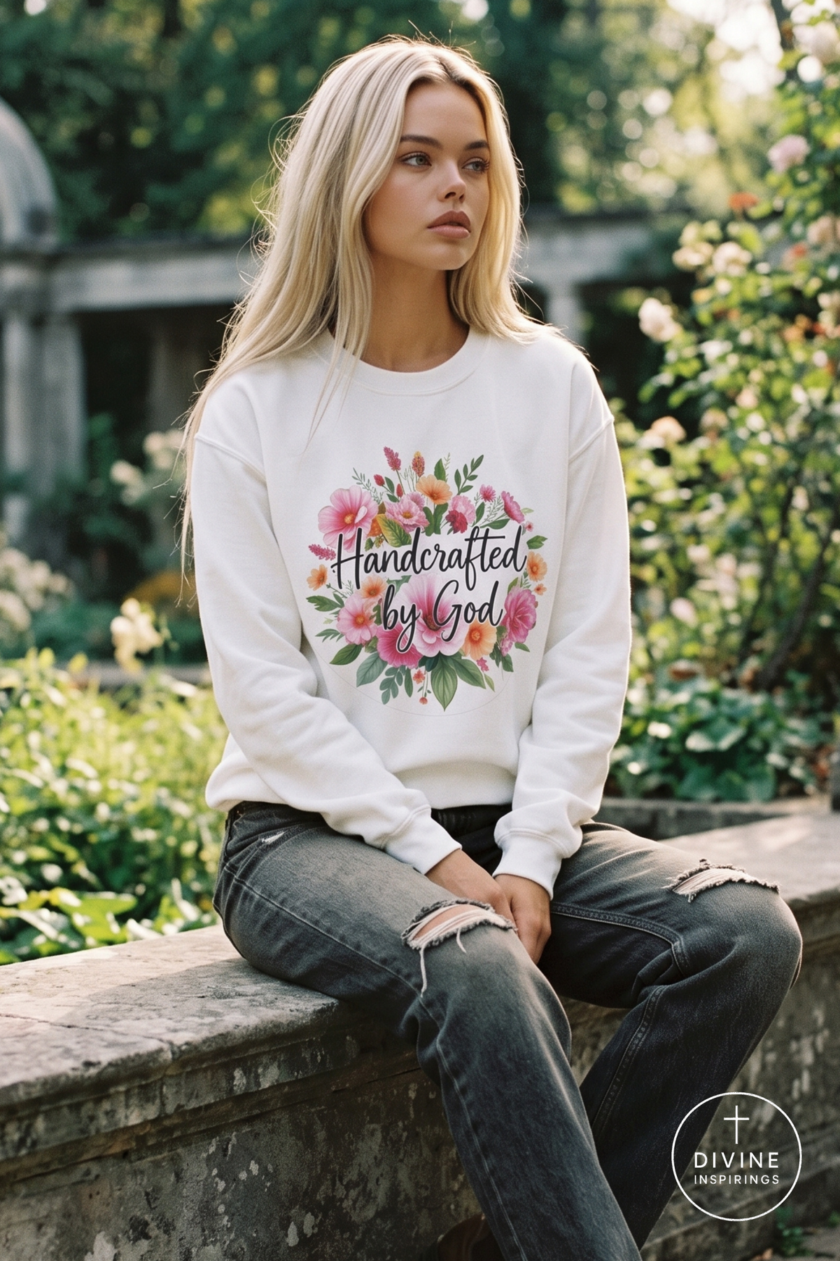 A blonde woman sits on a stone wall in a garden setting, wearing a white crewneck sweatshirt with a colorful floral graphic and the text 'Handcrafted by God' in black script. She is also wearing distressed black jeans.