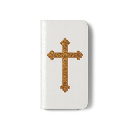 White Wallet Case – Gold Cross with 1 Corinthians 1:18 for iPhones