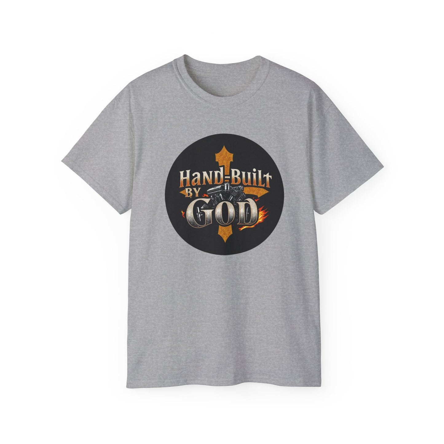 Hand Built by God Men’s Christian Tee – Cross & Engine Design