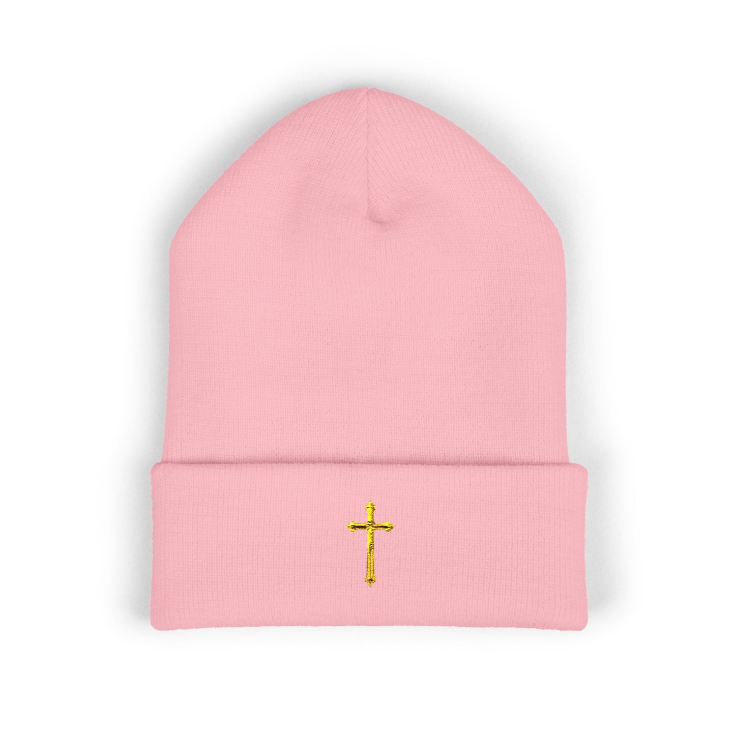 Golden Grace Cuffed Beanie – Embroidered Cross