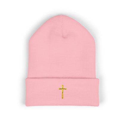 Golden Grace Cuffed Beanie – Embroidered Cross