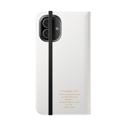 White Wallet Case – Gold Cross with 1 Corinthians 1:18 for iPhones
