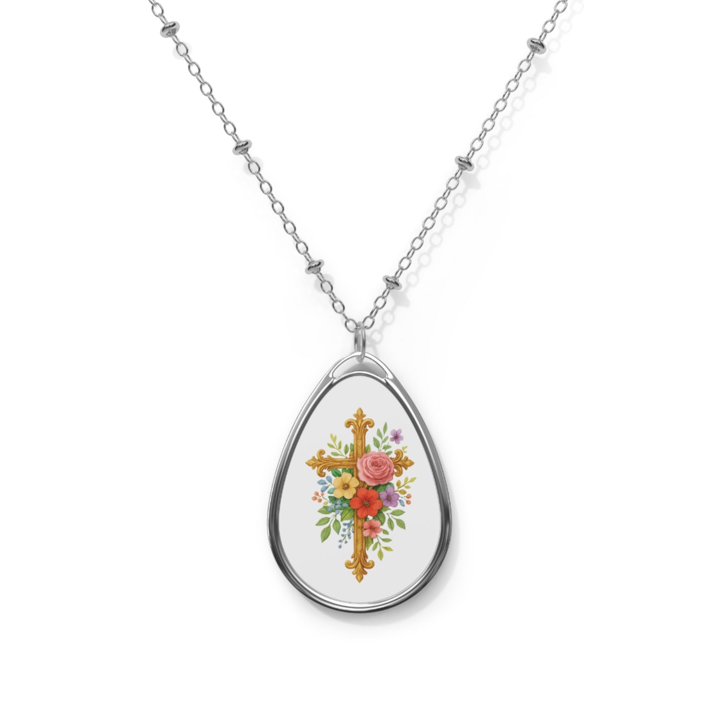 Elegant Oval Necklace with Floral Cross Pendant – Christian Jewelry