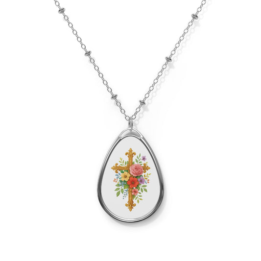 Elegant Oval Necklace with Floral Cross Pendant – Christian Jewelry