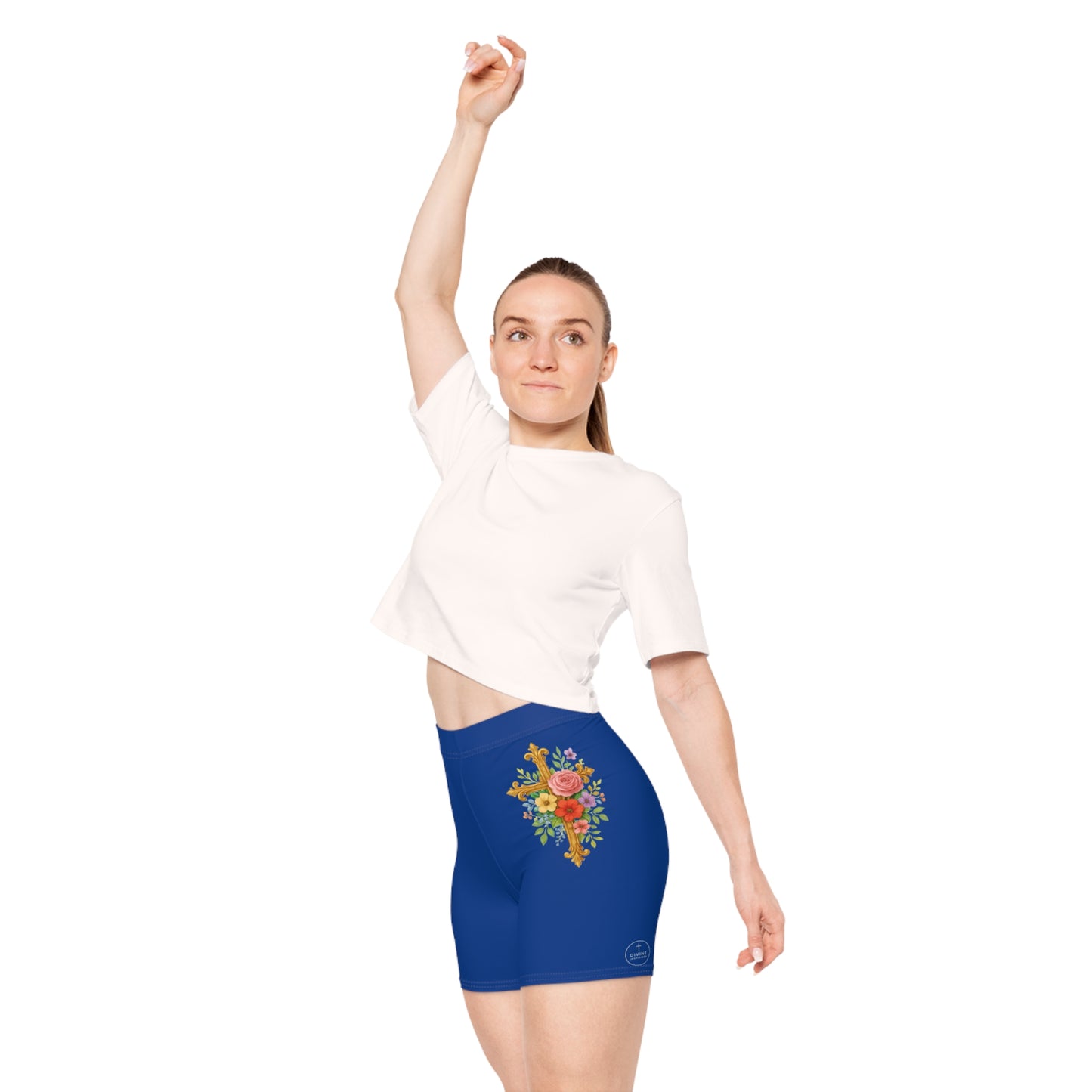 Floral Cross Women’s Biking Shorts in Blue – Beauty and Strength in the Cross