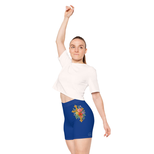 Floral Cross Women’s Biking Shorts in Blue – Beauty and Strength in the Cross