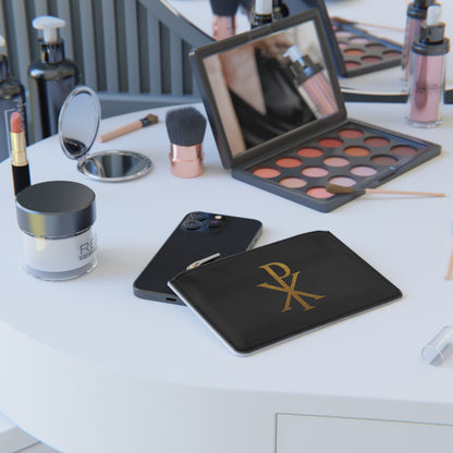 “Divine Seal” | Women’s Mini Clutch in Black – Gold Chi Rho Elegance
