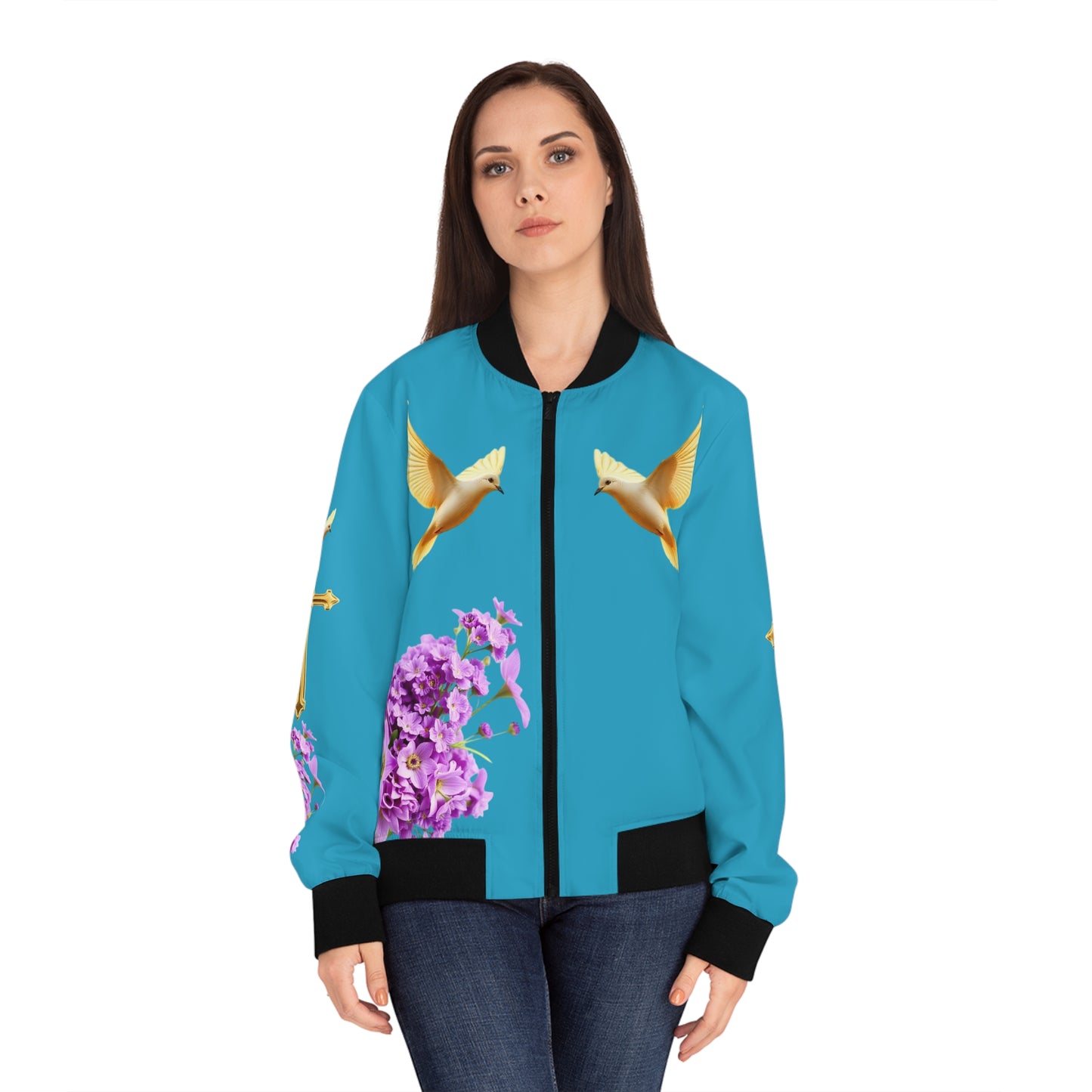 Heavenly Ascent – Gold Cross & Doves Women’s Bomber Jacket in Turquoise