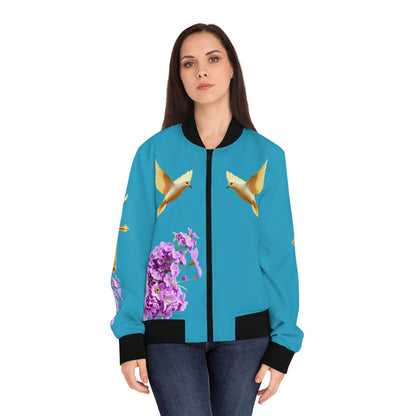 Heavenly Ascent – Gold Cross & Doves Women’s Bomber Jacket in Turquoise